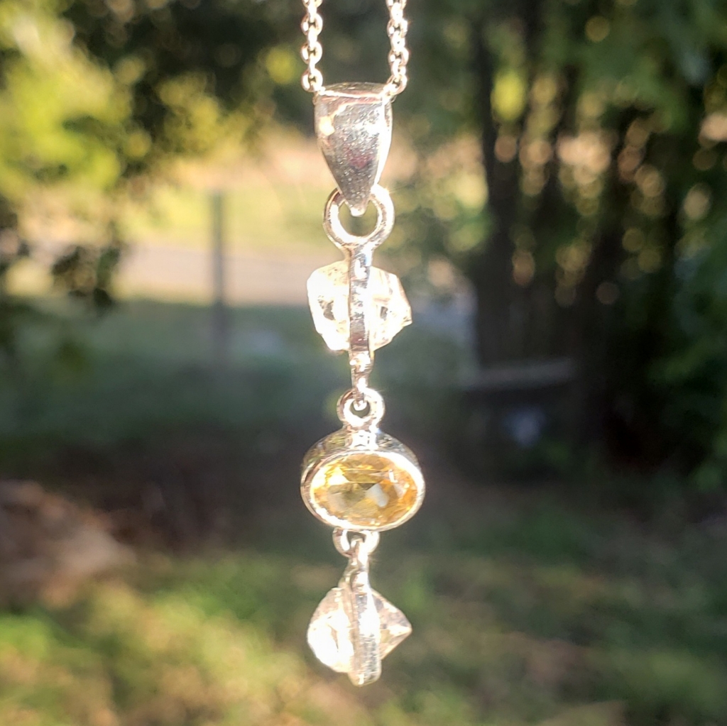 Raw Herkimer & Citrine Pendant Necklace ~ 925 Silver
